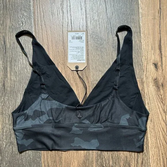 NWT Prana Layna Brami Black Camouflage V Neck Sports Bra Top Size S - Picture 2 of 2